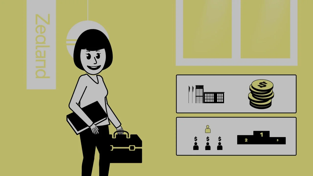 Tegning der illustrerer, hvad international handel og markedsføring indebærer.